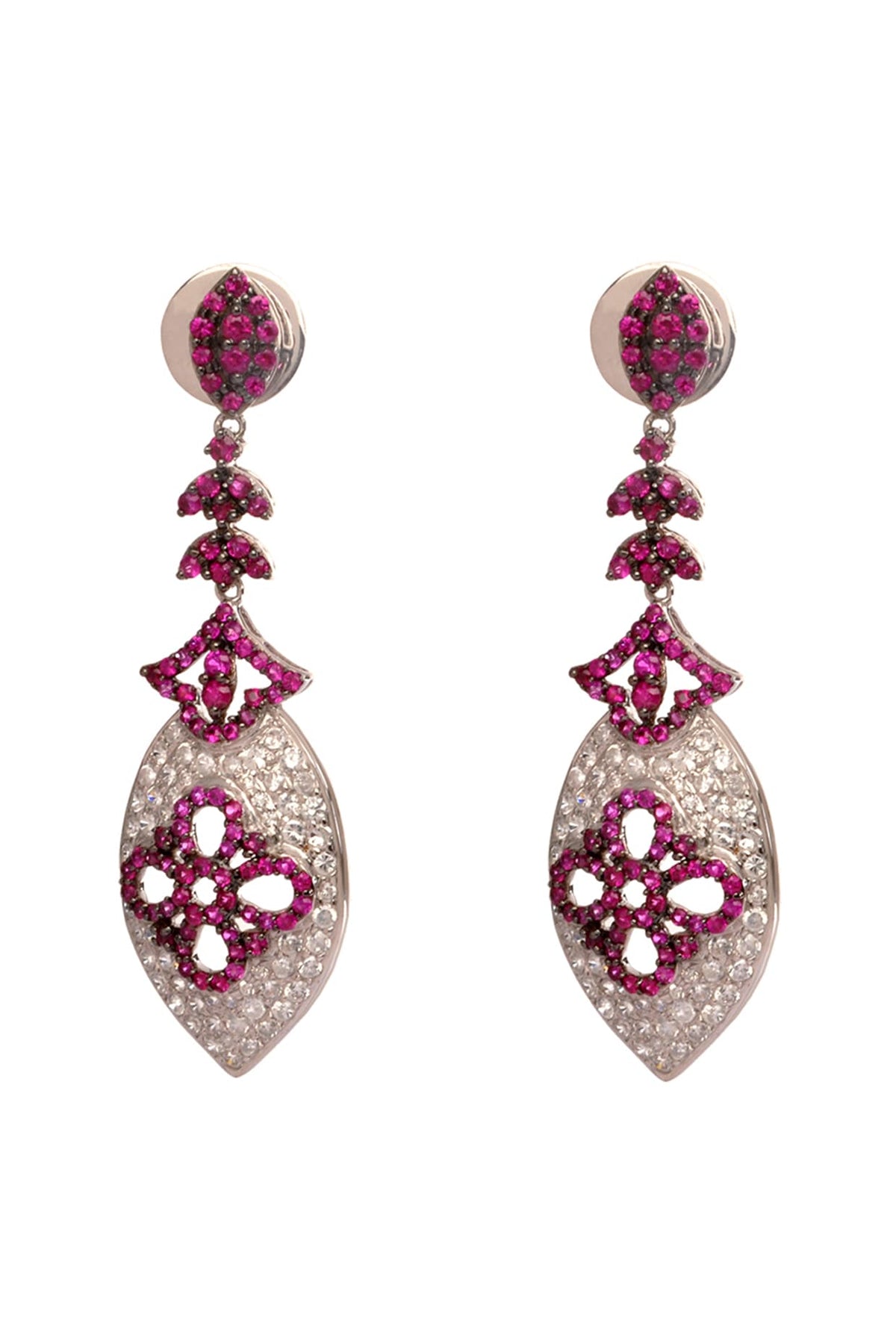 Pink Rhodium Finish Hydro Ruby Dangler Earrings In 92.5 Sterling Silver