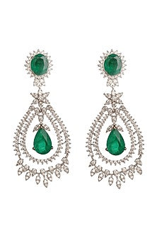 White Finish Cubic Zirconia & Emerald Dangler Earrings In 92.5 Sterling Silver