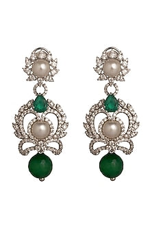 White Rhodium Finish Green Onyx Dangler Earrings