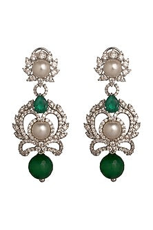 White Rhodium Finish Green Onyx Dangler Earrings