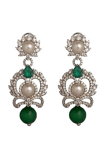 White Rhodium Finish Green Onyx Dangler Earrings