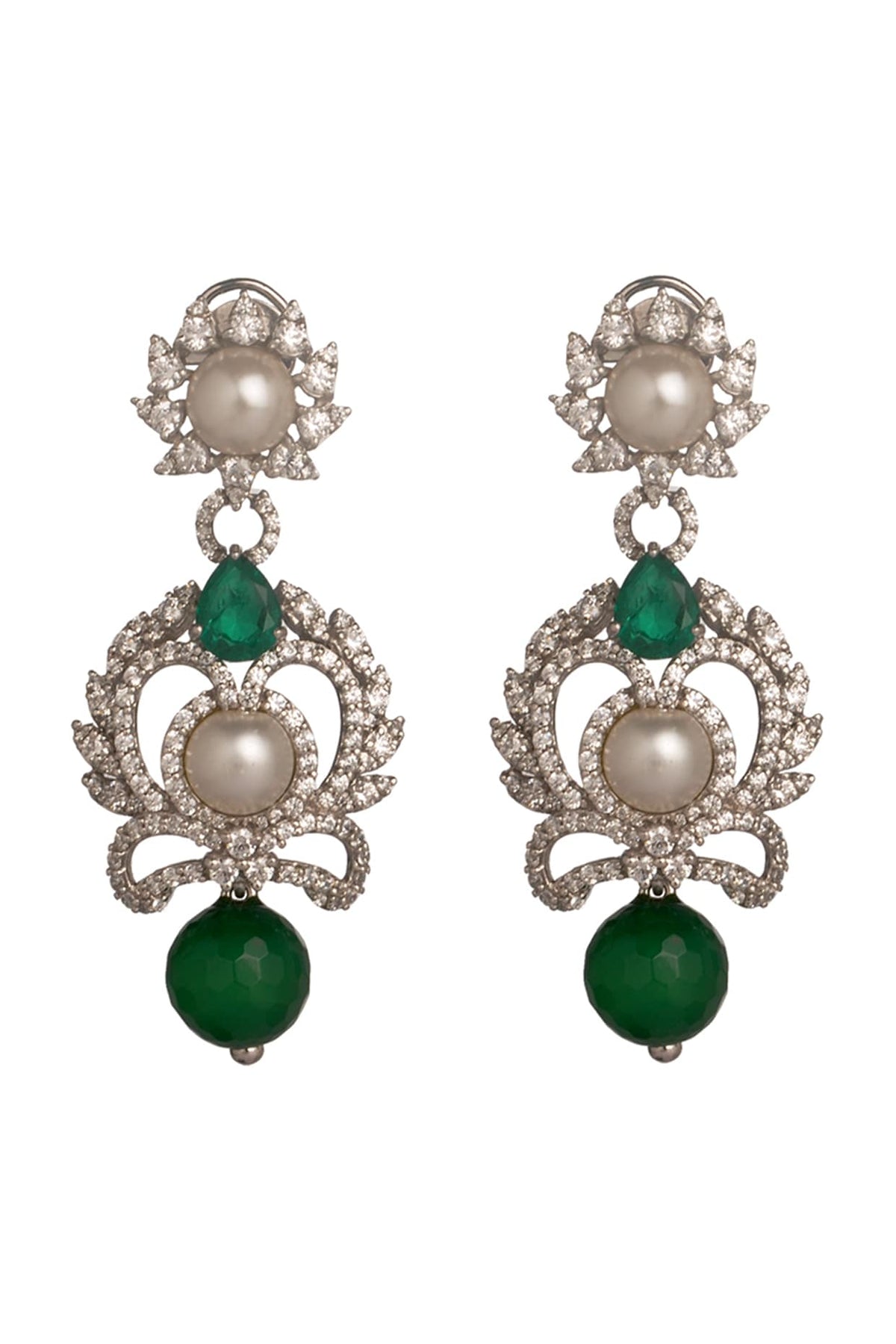 White Rhodium Finish Green Onyx Dangler Earrings