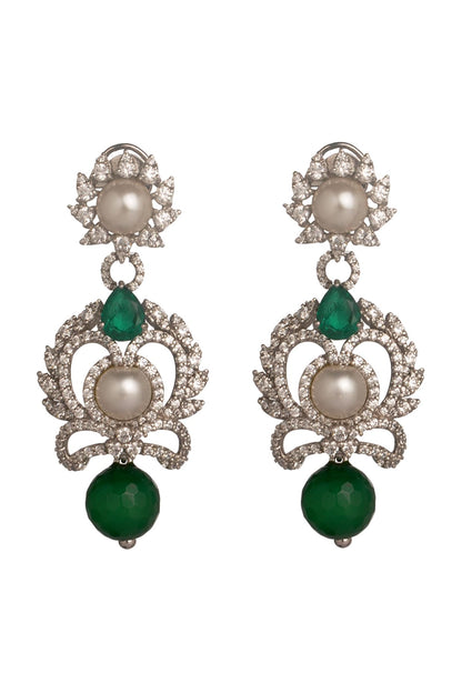 White Rhodium Finish Green Onyx Dangler Earrings