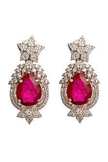 White Finish Cubic Zirconia & Hydro Ruby Stud Earrings