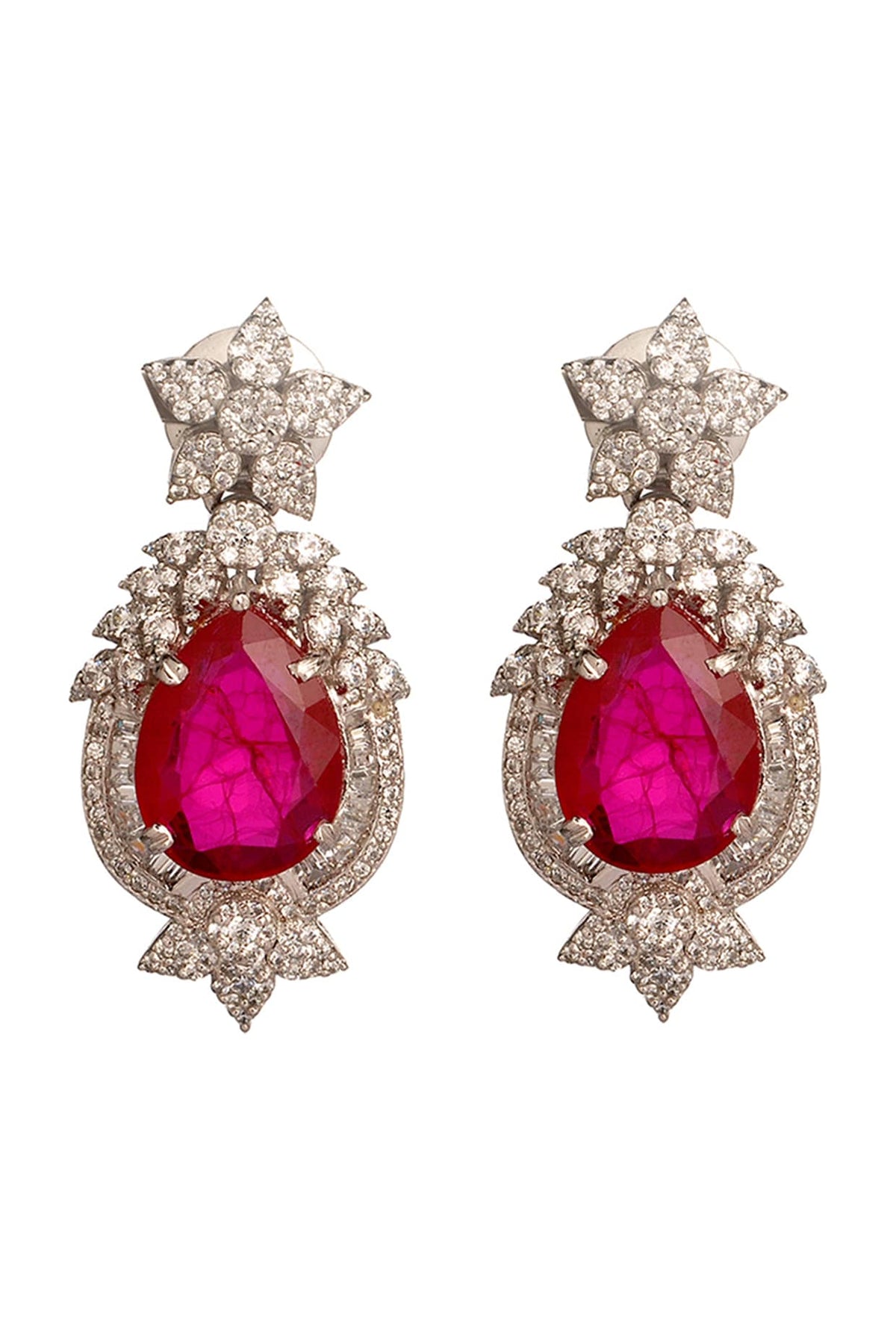 White Finish Cubic Zirconia & Hydro Ruby Stud Earrings