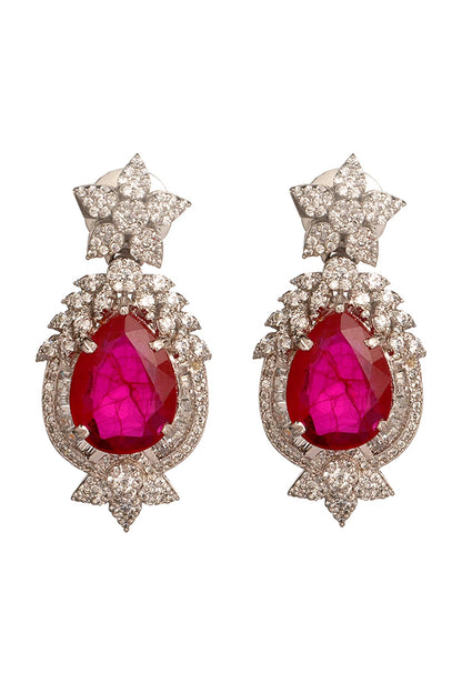 White Finish Cubic Zirconia & Hydro Ruby Stud Earrings