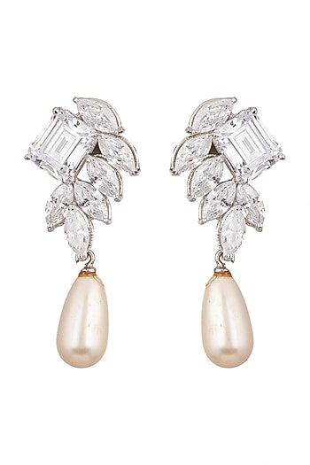 White Finish Cubic Zirconia & Shell Pearl Earrings