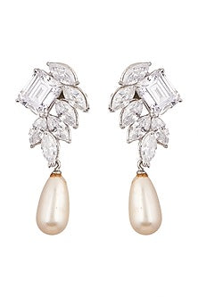 White Finish Cubic Zirconia & Shell Pearl Earrings
