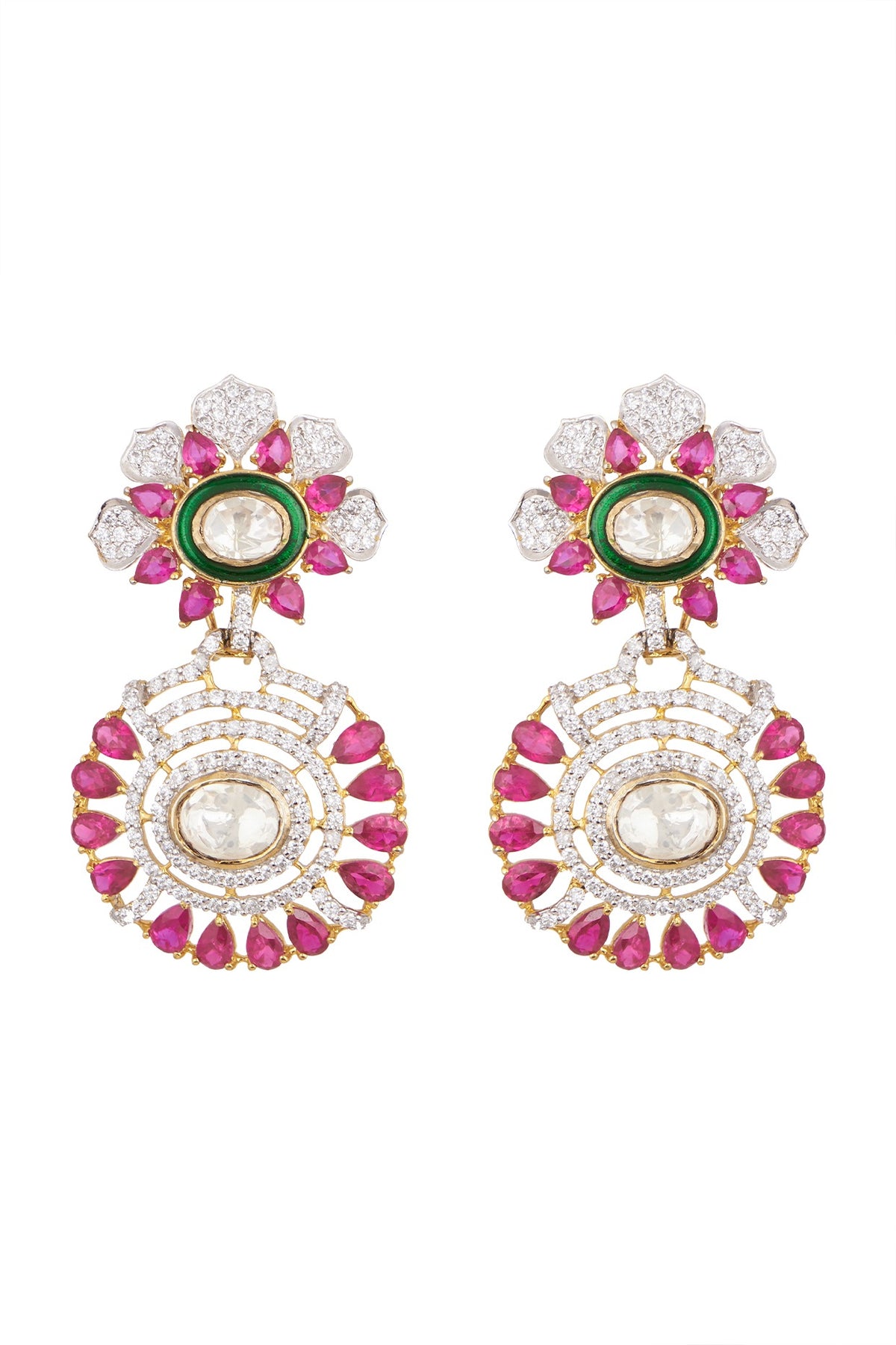 White & Gold Finish Ruby Earrings