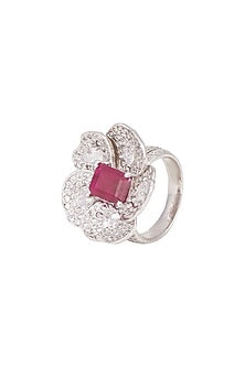 White Finish Ruby Floral Ring