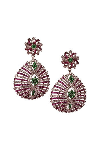 Two-Tone Rhodium Finish Cubic Zirconia & Hydro Ruby Dangler Earrings