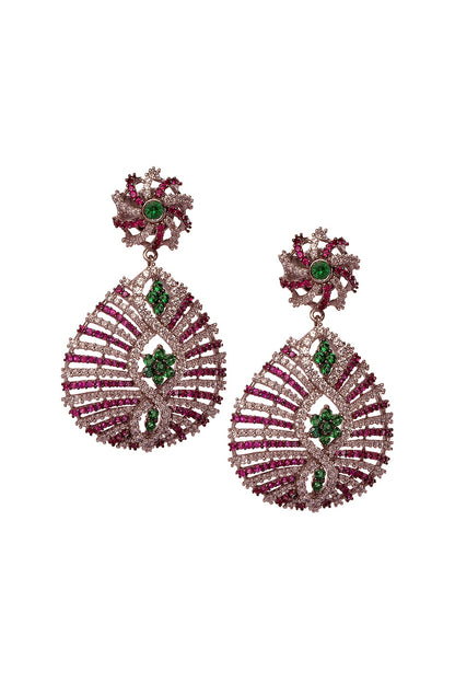 Two-Tone Rhodium Finish Cubic Zirconia & Hydro Ruby Dangler Earrings