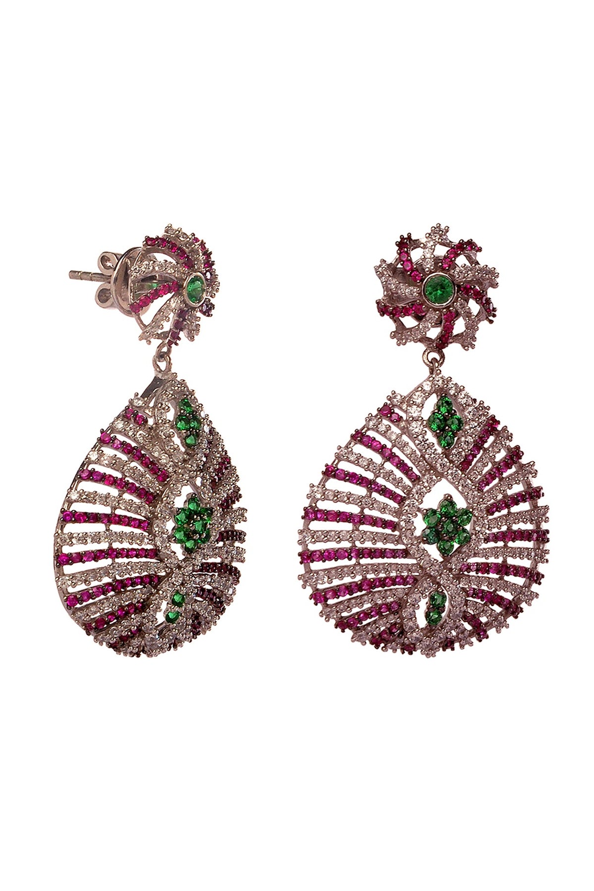 Two-Tone Rhodium Finish Cubic Zirconia & Hydro Ruby Dangler Earrings