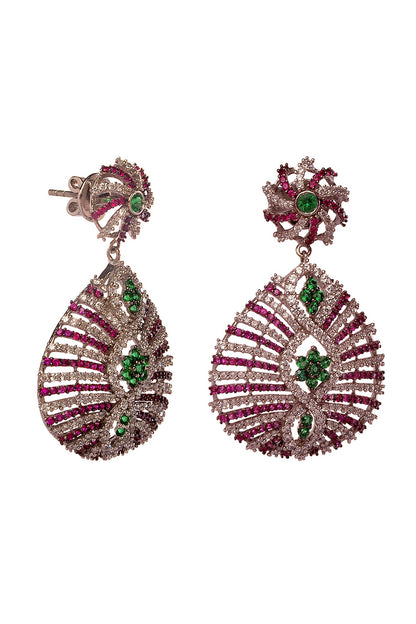 Two-Tone Rhodium Finish Cubic Zirconia & Hydro Ruby Dangler Earrings