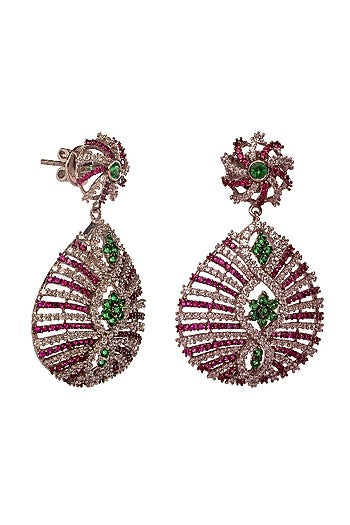 Two-Tone Rhodium Finish Cubic Zirconia & Hydro Ruby Dangler Earrings
