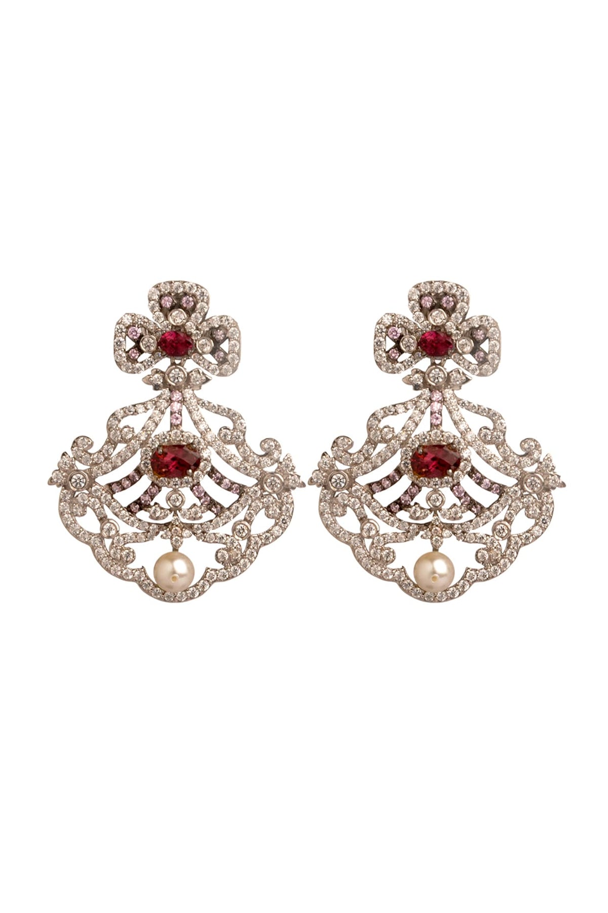 White Finish Cubic Zirconia & Hydro Ruby Dangler Earrings