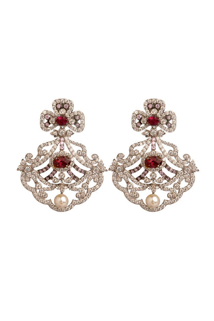 White Finish Cubic Zirconia & Hydro Ruby Dangler Earrings