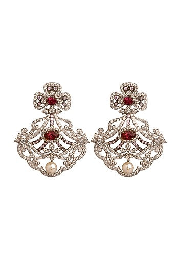 White Finish Cubic Zirconia & Hydro Ruby Dangler Earrings