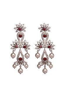 Two-Tone Rhodium Finish Cubic Zirconia & Shell Pearl Dangler Earrings