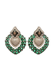 Two-Tone Rhodium Finish Cubic Zirconia & Hydro Emerald Stud Earrings