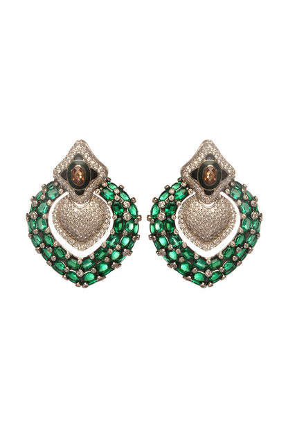 Two-Tone Rhodium Finish Cubic Zirconia & Hydro Emerald Stud Earrings