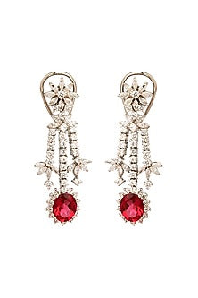 White Rhodium Finish Cubic Zirconia & Red Tourmaline Dangler Earrings