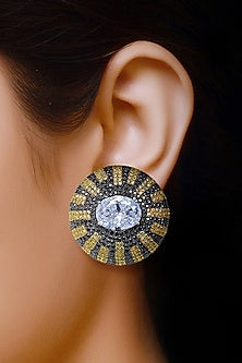 White Rhodium Finish Cubic Zirconia & Swarovski Stud Earrings In Sterling Silver