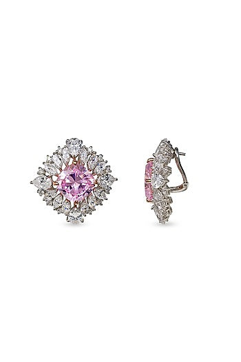 White Finish Cubic Zirconia Stud Earrings In Sterling Silver