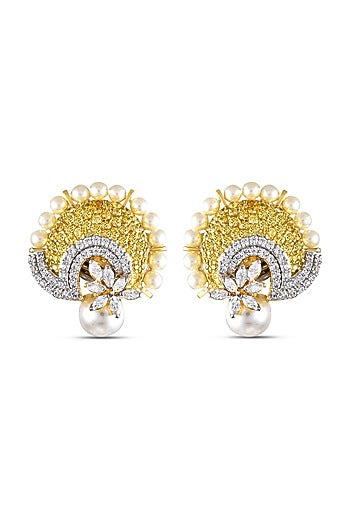 White Finish Cubic Zirconia & Pearl Dangler Earrings In Sterling Silver