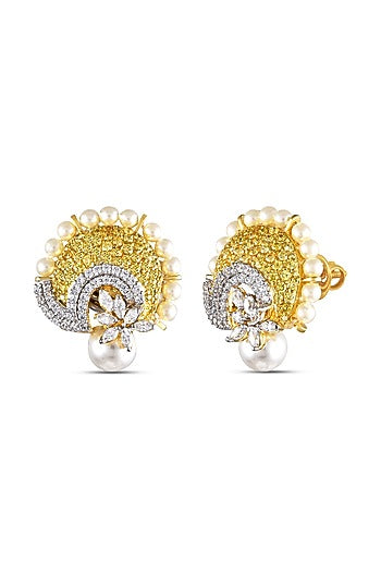 White Finish Cubic Zirconia & Pearl Dangler Earrings In Sterling Silver