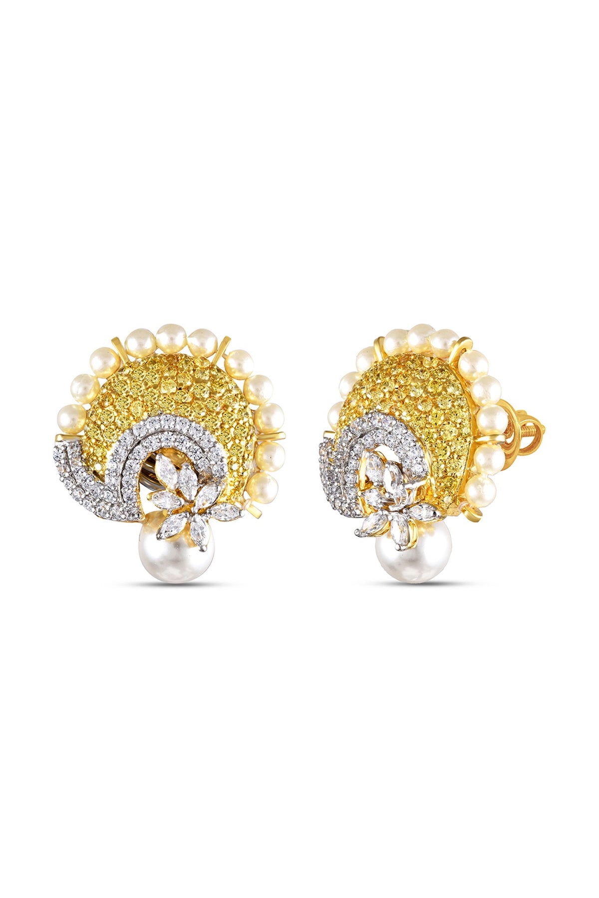 White Finish Cubic Zirconia & Pearl Dangler Earrings In Sterling Silver
