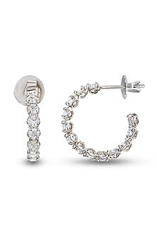 White Finish Zircon Hoop Earrings In Sterling Silver