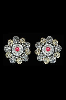 Two Tone Finish Cubic Zirconia Stud Earrings In Sterling Silver