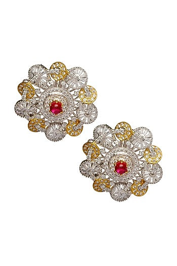Two Tone Finish Cubic Zirconia Stud Earrings In Sterling Silver