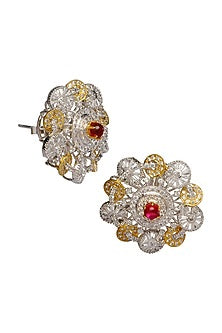 Two Tone Finish Cubic Zirconia Stud Earrings In Sterling Silver
