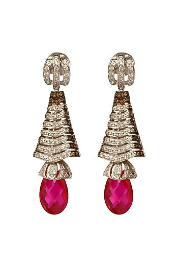 White Finish Cubic Zirconia & Hydro Ruby Wave Dangler Earrings