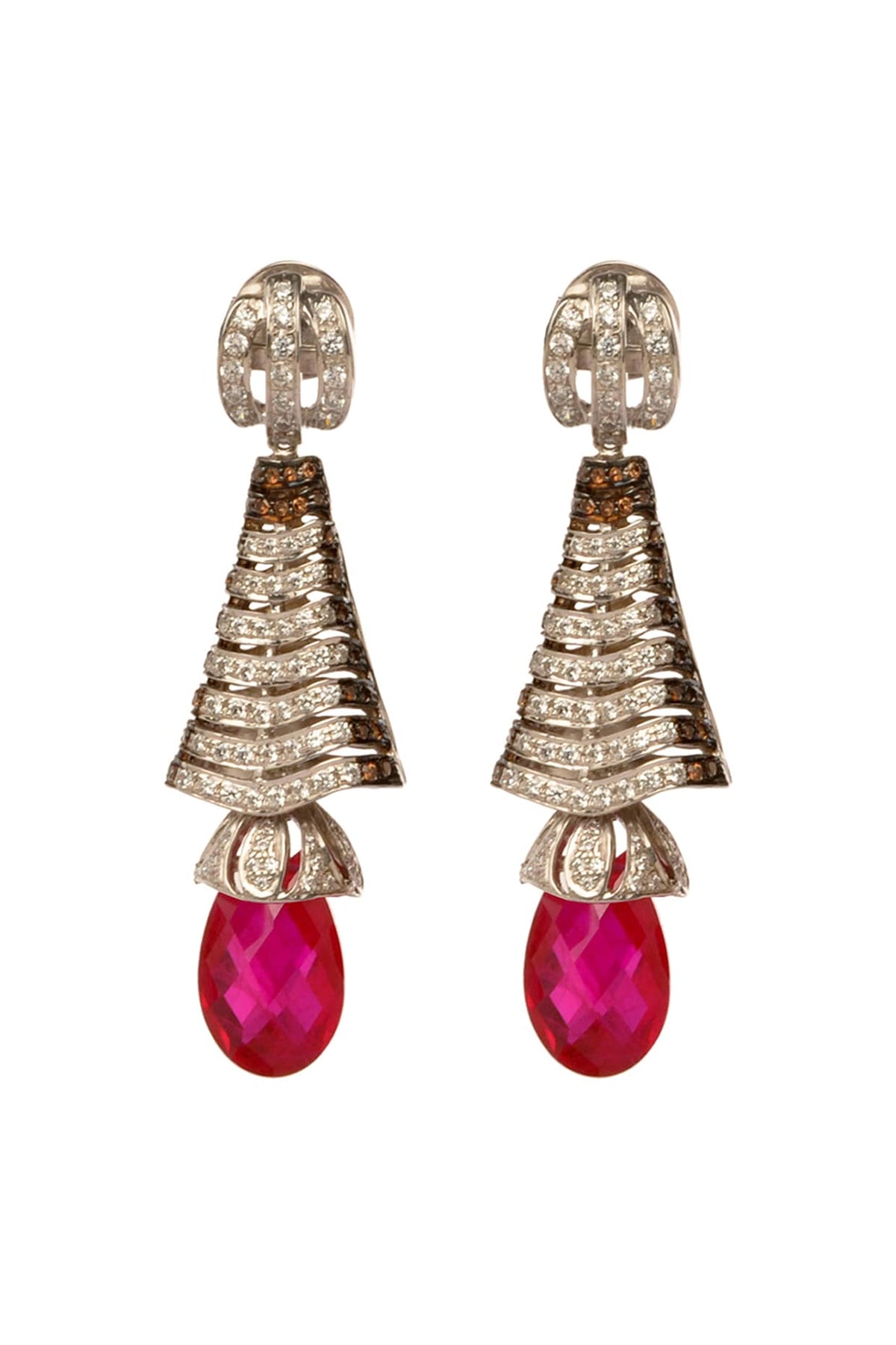 White Finish Cubic Zirconia & Hydro Ruby Wave Dangler Earrings