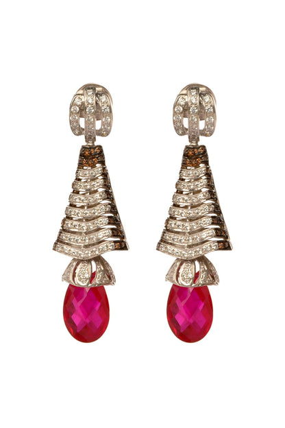 White Finish Cubic Zirconia & Hydro Ruby Wave Dangler Earrings
