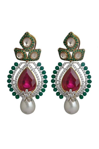 Two Tone Finish Cubic Zirconia & Hydro Ruby Dangler Earrings
