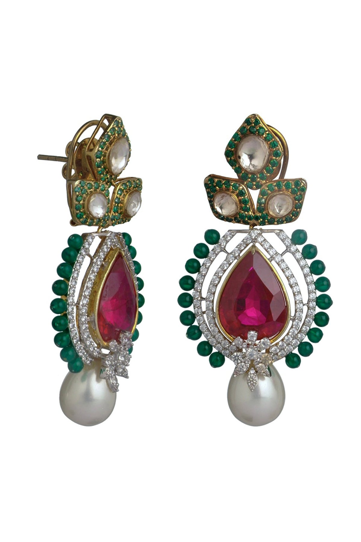 Two Tone Finish Cubic Zirconia & Hydro Ruby Dangler Earrings