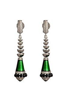 White Finish Cubic Zirconia & Onyx Bead Dew Drop Dangler Earrings