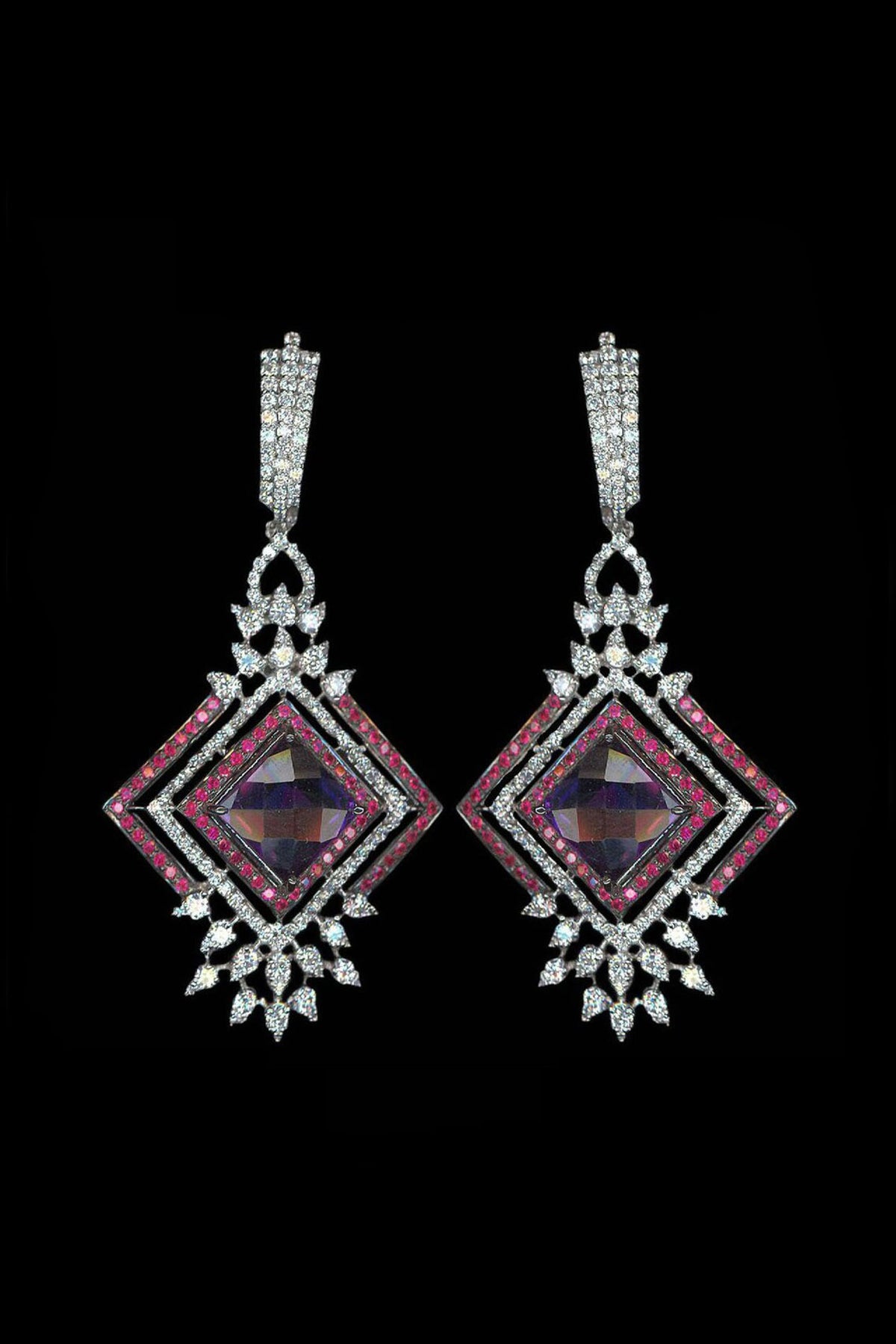 White Finish Cubic Zirconia & Amethyst Dangler Earrings