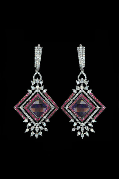 White Finish Cubic Zirconia & Amethyst Dangler Earrings