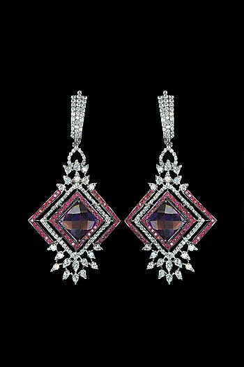 White Finish Cubic Zirconia & Amethyst Dangler Earrings