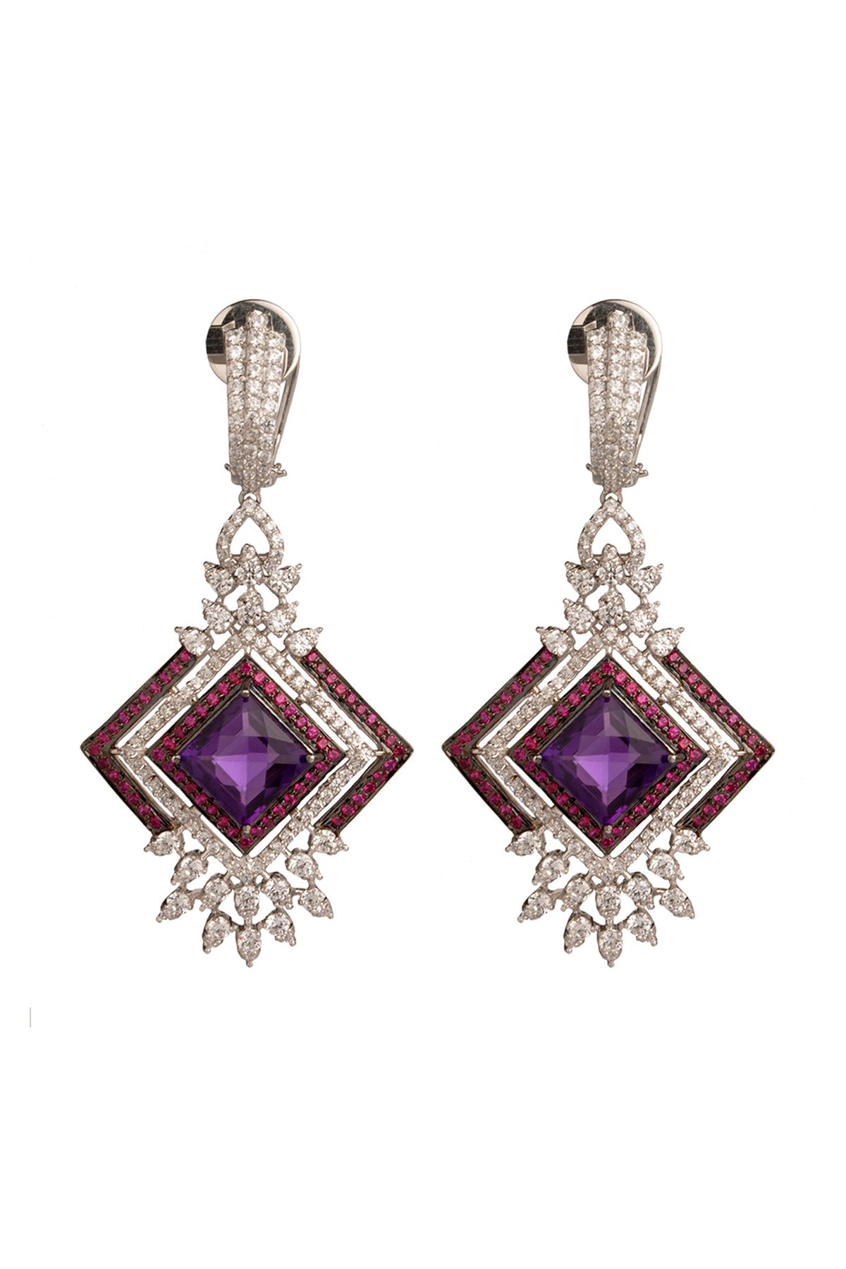 White Finish Cubic Zirconia & Amethyst Dangler Earrings