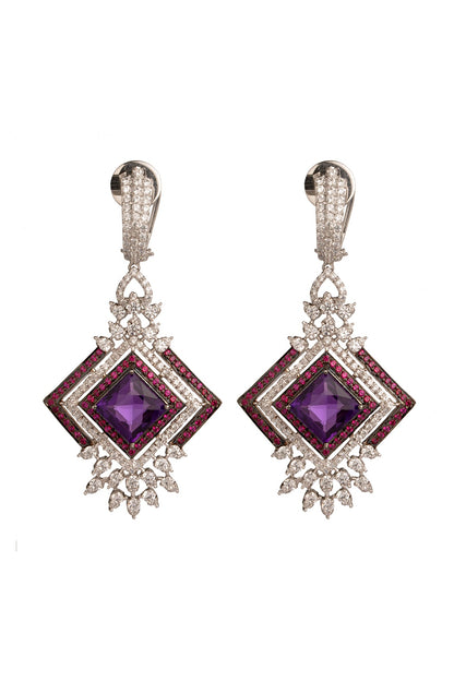 White Finish Cubic Zirconia & Amethyst Dangler Earrings