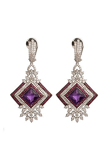 White Finish Cubic Zirconia & Amethyst Dangler Earrings