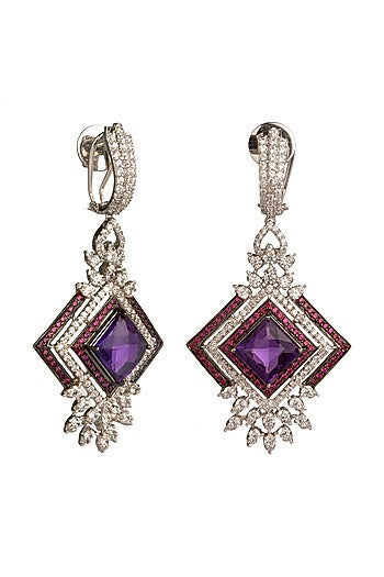 White Finish Cubic Zirconia & Amethyst Dangler Earrings