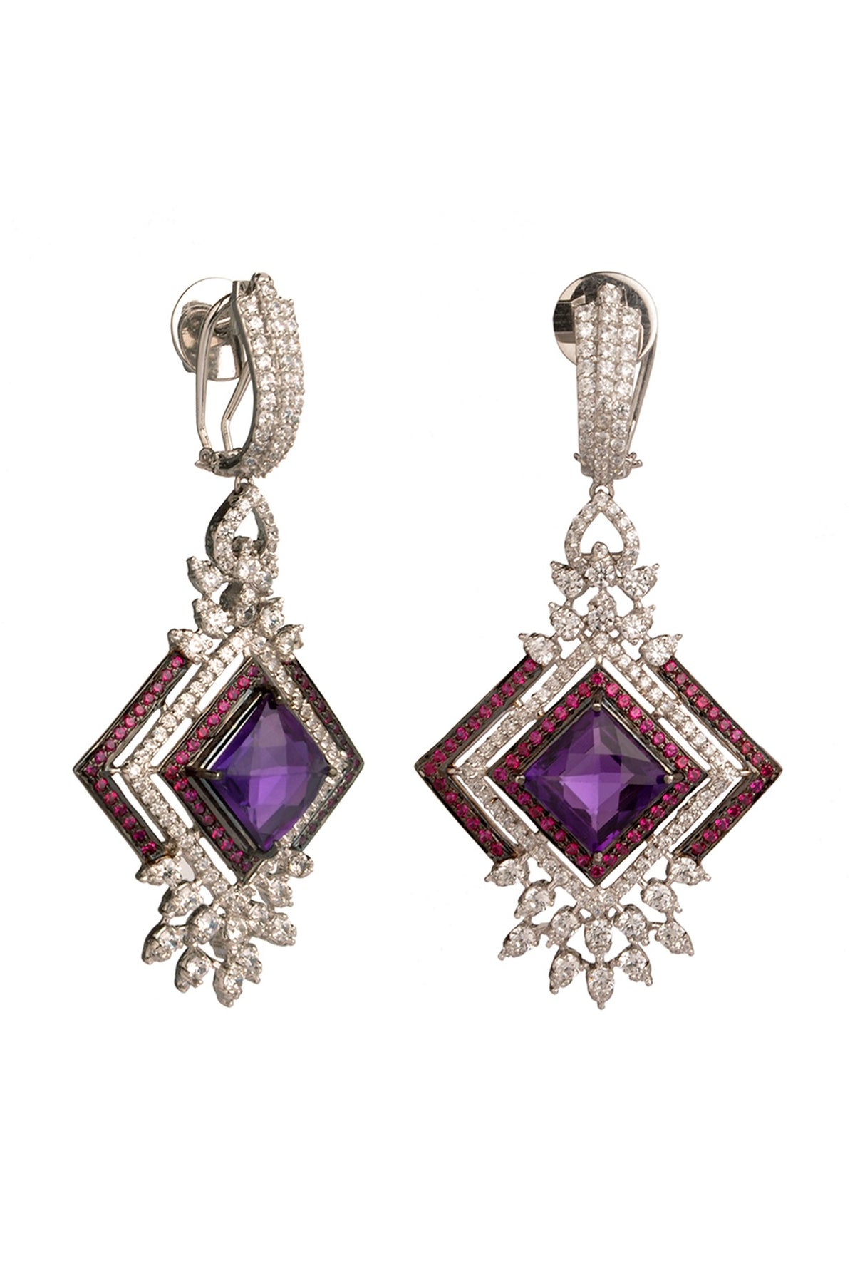 White Finish Cubic Zirconia & Amethyst Dangler Earrings