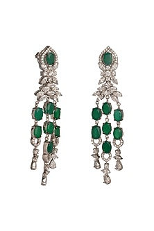 White Finish Cubic Zirconia & Green Onyx Waterfall Dangler Earrings